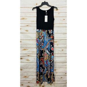 Sherosa women's black multi print round neck sleeveless long maxi size S NWT